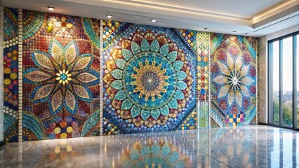 Obraz premium A contemporary interior design featuring a vibrant mosaic wall with intricate floral patterns, reflecting light and color onto the polished floor.