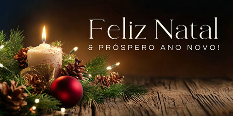 Feliz Natal e próspero ano novo texto em fundo natalino com decoração, vela, bolas de natal, presente. "Feliz Natal" Portuguese text lettering design on christmas background banner or card