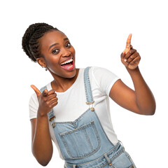 Surprised and Happy Black Woman Smiling with Hands Pointing, Transparent Background