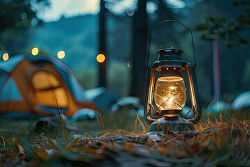 High Detail Image of Vintage Hurricane Lantern Providing Warm Light During Camping