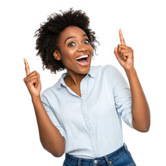 Attractive Black Woman Posing with Hands Pointing and Surprised Expression on Isolated Background