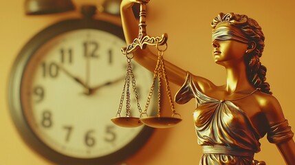 Elegant Golden Justice Scales and Mythological Goddess Statue with Antique Clock