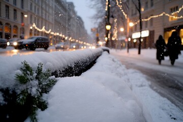 A charming snowy urban street comes alive with festive decorations and lights, perfectly capturing the essence of winter celebrations and holiday spirit in the city.