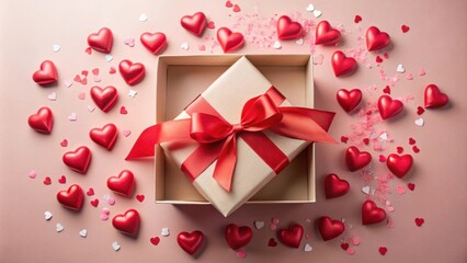 A gift box with a red ribbon and bow surrounded by scattered red hearts on a pink background.