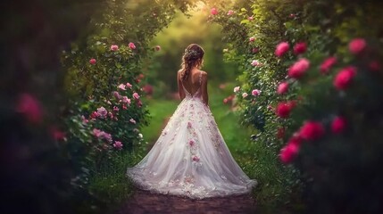Fototapeta premium Ethereal Woman in Lace Wedding Gown Standing Amidst Blooming Flowers in Enchanted Garden