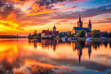 Naklejka premium Captivating Silhouette of Ratzeburg's Historic Landscape at Sunset, Showcasing Tranquil Waters and Majestic Structures Beneath a Vibrant Sky, Perfect for Nature and Travel Enthusiasts