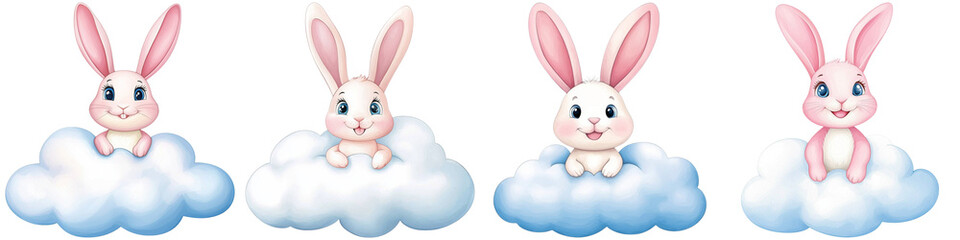 Obraz premium Baby bunny fluffy and warmth, Four cute rabbits with pink ears sitting on fluffy clouds, each with different expressions.