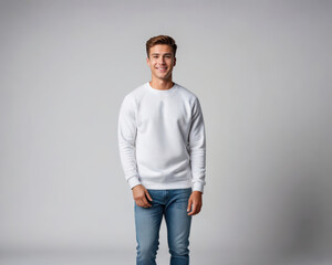 Fototapeta premium Young man wearing white sweatshirt and jeans isolated on grey background