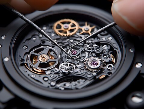 Close-up of a watchmaker assembling intricate mechanical watch components.