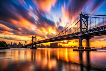 Fototapeta premium Captivating Silhouette Photography of a Majestic Bridge at Sunset with Dramatic Clouds and Time Lapse Effects, Showcasing the Beauty of Urban Landscapes and Nature