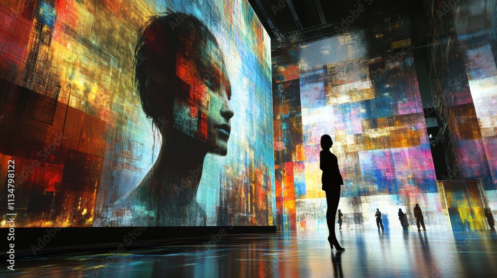 Poster A vibrant digital gallery presents virtual artworks and avatars, captivating visitors in a modern art experience with colorful displays. Generative AI