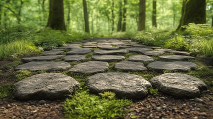 A path through a forest with a stone walkway