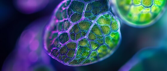 A vivid close-up of a leaf's veiny structure, glowing with green and purple hues under mysterious light, revealing nature's intricate beauty.