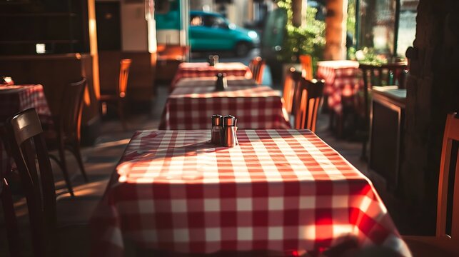 Sunlit Outdoor Cafe Tables Red Checkered Tablecloths