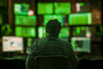 Fototapeta premium Man working on multiple green-lit monitors in a dark, high-tech workspace focused on data and cybersecurity