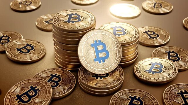 Stack of golden Bitcoin coins, surrounded by scattered coins on a reflective surface, ideal for cryptocurrency, blockchain, and fintech themes. 3D animation render 4K.