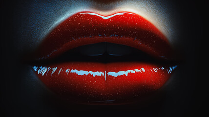 A close up of a woman's lips with a red lip liner. The lips are full and shiny, and the image has a bold and glamorous feel to it