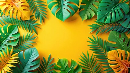 Naklejka premium A vibrant tropical background with lush green leaves and bright yellow foliage arranged in a circular frame, providing a blank space for text or design elements.