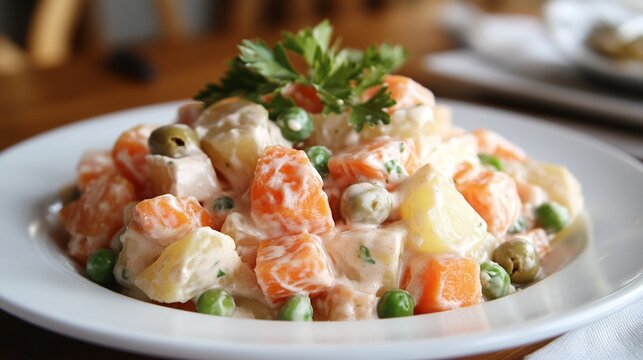 A refreshing ensalada rusa, a Spanish potato salad with peas, carrots, and mayonnaise, garnished with olives.