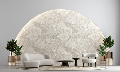 Modern living room interior design and white sofa and leafs graphic wall pattern background and...