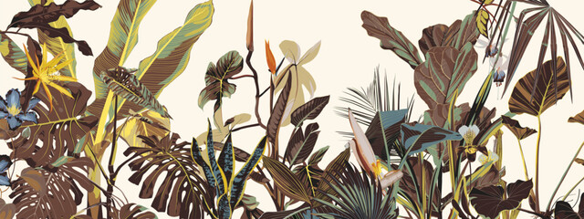 Tropical botanical landscape, palm tree, banana tree, exotic flowers, plant floral  border background. Exotic green jungle wallpaper.
