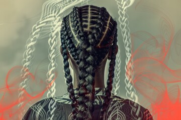 Obraz premium The woman displays a stunning array of braids styled intricately, captured from behind against a whimsical, colorful backdrop that enhances her hairstyle.