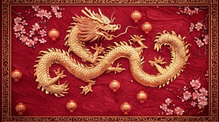Obraz premium Golden Dragon on Red Background with Cherry Blossoms and Lanterns