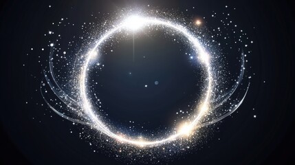 Circular light burst effect with white sparkles and a magical glow, framed by a delicate silver vector border, with glitter particles and a trail of twinkling stars swirling around the center