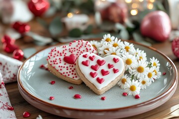 Naklejka premium This charming Valentine's Day table setting features heart-shaped cookies adorned with colorful icing, beautifully complemented by fresh daisies, creating a romantic atmosphere.