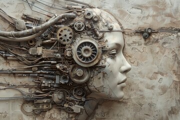 A human-like face crafted from intricate mechanical parts and gears illustrates the blend of technology and creativity in a unique art installation.