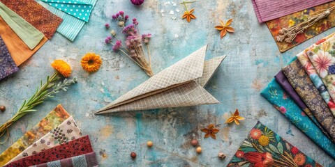 A folded patterned fabric in the shape of a bird, surrounded by flowers and fabric swatches, resting on a textured blue background.