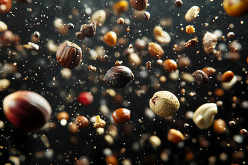 Mixed nuts and seeds levitating against a dark background.