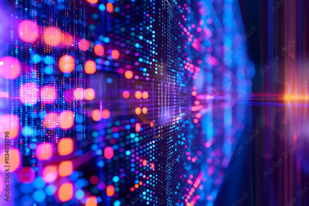 Poster a colorful display of interconnected data points illustrates the flow of digital information in a mo