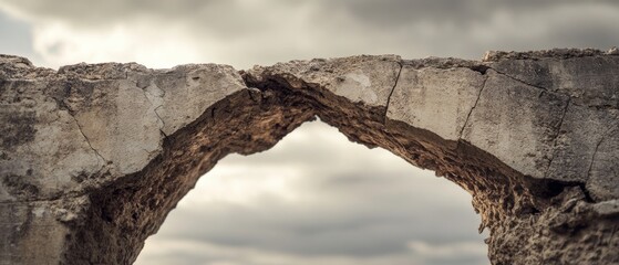 A weathered stone arch stands solemnly against a cloudy sky, symbolizing strength, resilience, and the passage of time.