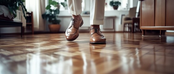 Polished leather shoes in a well-lit room, embodied in elegance and a touch of sophistication, illuminating personal style.