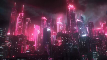 Obraz premium 3D CGI rendered illustration. Retro anime inspired dark city at night skyline with buildings, skyscrapers and digital pink neon sky