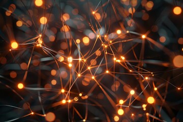 Vibrant interconnected lines emit glowing orbs creating a mesmerizing digital network, showcasing a blend of technology and abstract art against a dark background.