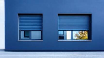 House facade featuring closed roller shutters on all windows, with a prominent first-floor window, highlighting security and safety features, emphasizing the sense of protection and vigilance