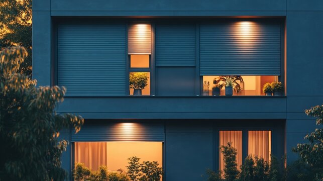 House facade featuring closed roller shutters on all windows, with a prominent first-floor window, highlighting security and safety features, emphasizing the sense of protection and vigilance