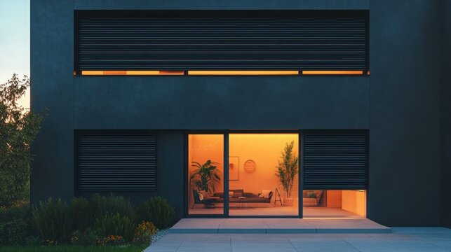 House facade featuring closed roller shutters on all windows, with a prominent first-floor window, highlighting security and safety features, emphasizing the sense of protection and vigilance