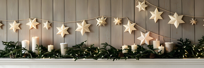 A Scandinavian-inspired Christmas wall with white star decorations, green garlands, and wooden candle holders