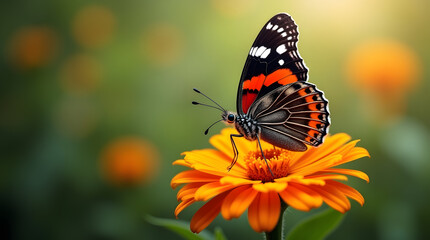 Highly detailed close-up of a vibrant orange and black butterfly on an orange flower, with intricate wing patterns, soft bokeh background, and lush greens captured using a macro lens