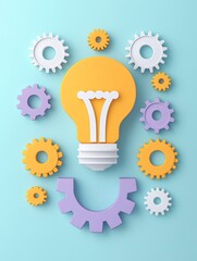 Creative concept featuring a yellow lightbulb surrounded by colorful gears on a pastel blue background, symbolizing innovation, teamwork, and problem-solving mechanisms.