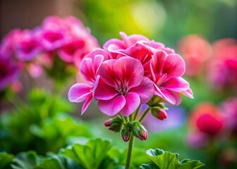 Fototapeta premium Captivating Tilt-Shift Photography of Pink Flower Pelargonium Zonale in a Charming Garden Setting with Soft Background Focus and Vibrant Details