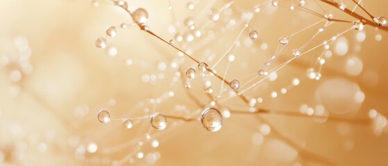 Obraz premium Delicate dew drops glisten on thin branches against a soft, golden background, creating an ethereal and dreamy visual.