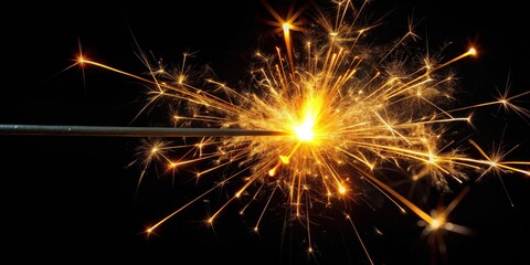 A sparkler ignited against a dark backdrop, creating a burst of shimmering golden light and delicate sparks.