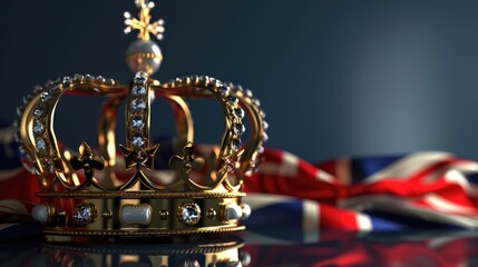 3d golden crown and British flag on a blue background, illustration, monarchy, coronation, Great Britain, drawing, jewel, gold, symbol, power, king, queen, kingdom, greatness, heraldic, royal