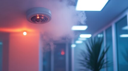 Smoke detector and fire alarm sounding off in a modern office environment, with flashing lights and smoke drifting in the air, providing a sense of urgency, with ample copy space for text or branding 