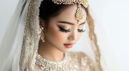 Beautiful Indonesian bride wearing a traditional wedding dress and veil, posing for the camera against a white background.
