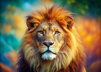 Obraz premium Captivating Tilt-Shift Portrait of a Majestic Lion Head, Showcasing Intricate Details and Vibrant Colors for Nature Enthusiasts and Wildlife Photography Lovers